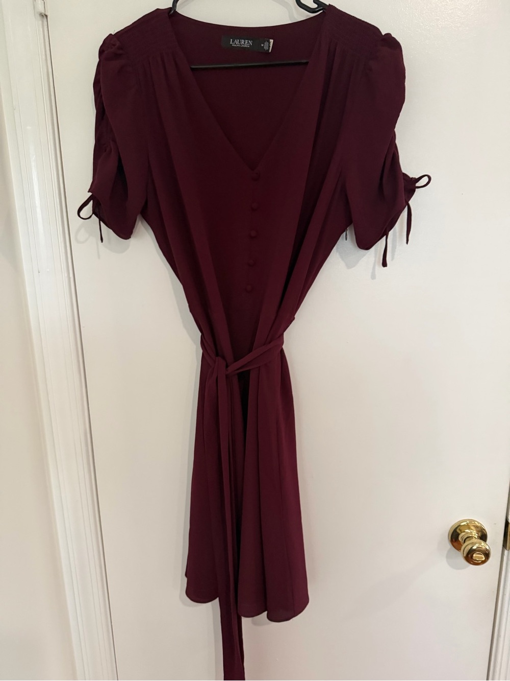 Lauren Ralph Lauren Burgundy Dress Sz 14 Belted Waist Quiet Luxury Coquette